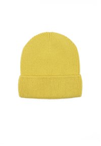 Gelbe gestrickte Mütze mit Rippenbund, mit glatter Textur und formschlüssigem Design, geeignet für kaltes Wetter.