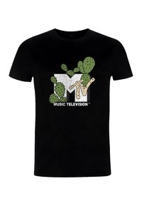 Černé bavlněné tričko s texturovanou grafikou loga MTV a designem kaktusu, zdůrazňující živé zelené a béžové akcenty.