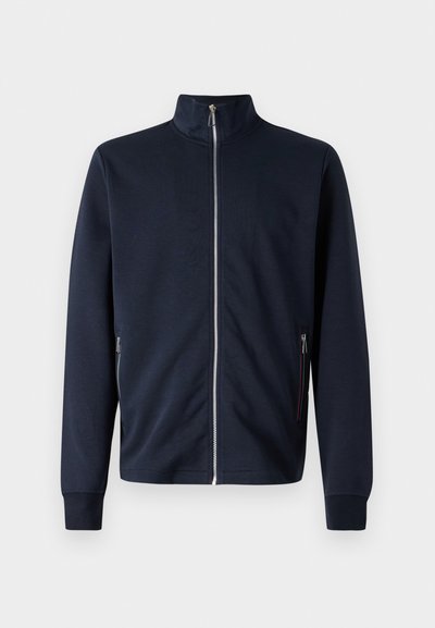 Dunkelblaue Zip-Jacke mit hohem Kragen, langen Ärmeln, seitlichen Reißverschlusstaschen und Rippenbündchen, aus glattem Stoff gefertigt.