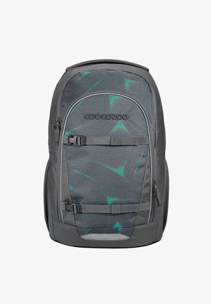 Zaino grigio con motivo geometrico verde, dotato di spallacci regolabili, scomparti con zip e schienale imbottito per il comfort.