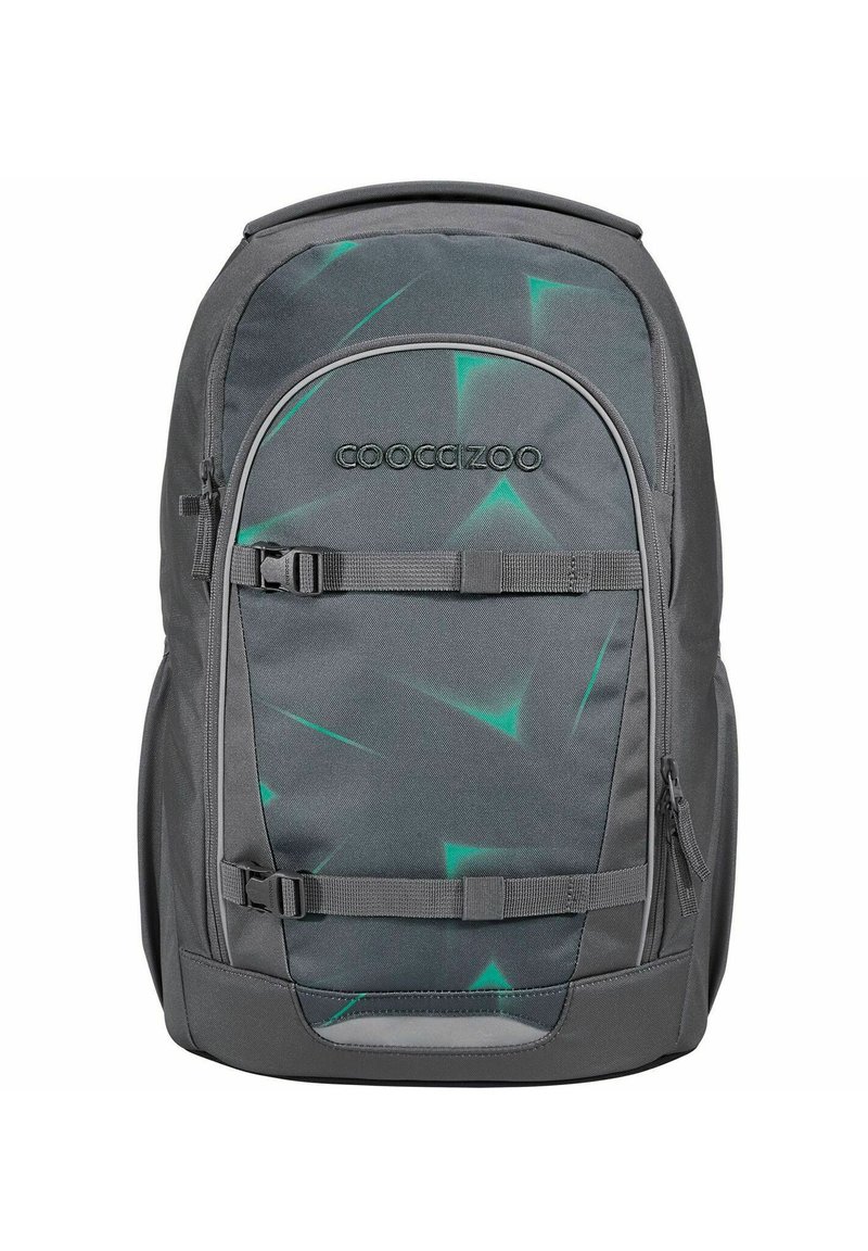 Sac à dos gris avec un motif géométrique vert, doté de bretelles ajustables, de compartiments zippés et d'un dos rembourré pour le confort.