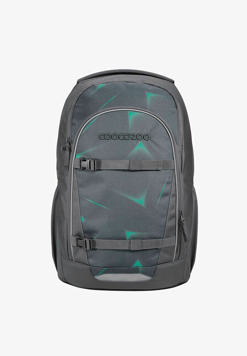 Gray backpack with geometric green pattern, featuring adjustable straps, zippered compartments, and a padded back for comfort.