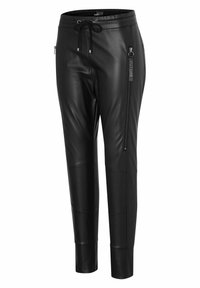 Svart joggerbyxor i konstläder med dragsko i midjan, avsmalnande ben och dragkedjefickor på sidorna. Slät textur och åtsittande design.