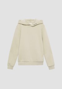 Lichtbeige hoodie van een textuurstof, met een ruime capuchon en een logo op de halslijn gestikt. Voorzien van ribgebreide mouwen en zoom.