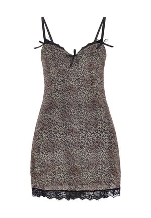 Slipkjole med leopardprint og sort blonderkant ved skørtet og udskæringen, med tynde sorte justerbare stropper og små sløjfedetaljer.