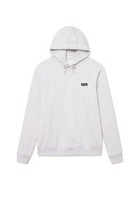 Sudadera de algodón gris con capucha ajustable, bolsillo de canguro en la parte frontal, puños y dobladillo acanalados, y una pequeña etiqueta negra en el pecho.