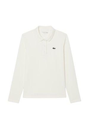 Polo a maniche lunghe bianco in cotone, con colletto classico, placket con tre bottoni e logo coccodrillo ricamato verde sul petto.