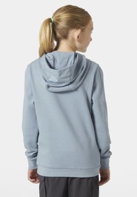 Sudadera azul con capucha, de textura suave, de mangas largas y corte relajado. Presenta un diseño sencillo y un forro interior de felpa.
