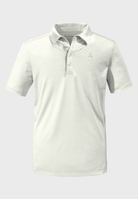Hellgraues Polohemd aus glattem Stoff, mit einer Drei-Knopf-Leiste, kurzen Ärmeln und einem dezenten Logo auf der Brust.