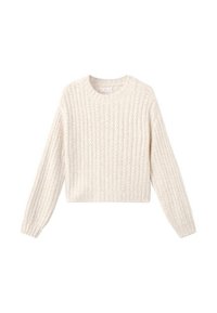 Maglione a coste di colore crema realizzato in materiale lavorato a maglia, con scollo rotondo e maniche lunghe di lunghezza cropped.