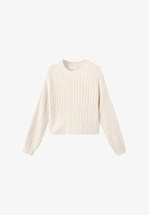 Kremasti rebrasti pulover od pletene tkanine, s okruglim izrezom i dugim rukavima skraćene dužine.