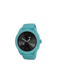 Montre en silicone turquoise avec un cadran circulaire noir, des index horaires blancs et un indicateur de batterie. Elle possède une couronne proéminente pour les réglages.