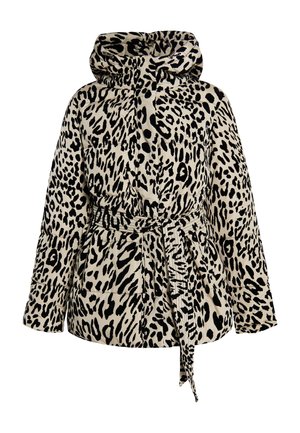 Polstret leopardmønstret jakke i beige og sort, med hætte, bælte om livet og ribbet tekstur med syede detaljer.