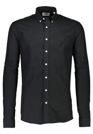 Sort linned skjorte med button-down krave, lange ærmer og hvide knapper ned foran, med en lige kant og struktureret stof.