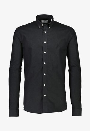 Schwarzes Leinenhemd mit Button-Down-Kragen, langen Ärmeln und weißen Knöpfen auf der Vorderseite, ausgestattet mit einem geraden Saum und strukturiertem Stoff.