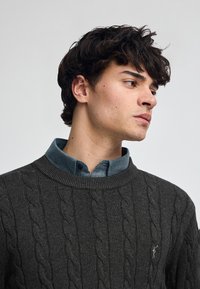 Dunkelgrauer Kabelstrickpullover, der über einem hellblauen Hemd mit Kragen getragen wird, mit gerippten Bündchen und Kragen sowie einem kleinen Logo auf dem Pullover.