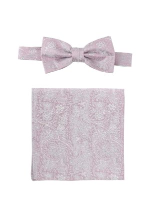 Pink paisley bow tie with matching pocket square, featuring intricate white floral patterns and a textured fabric finish.