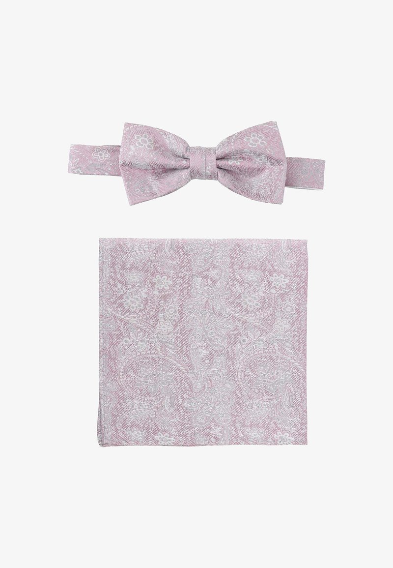 Rosa Paisley-Fliegenkrawatte mit passendem Einstecktuch, verziert mit komplizierten weißen Blumenmustern und einer strukturierten Stoffoberfläche.