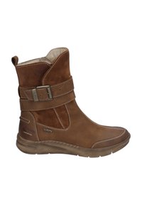 Brown suede ankle boot with a textured finish, featuring a wide strap and silver buckle, lightly padded collar, and a flexible rubber sole.