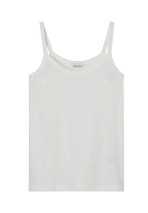 Biały bezrękawnik z miękkiej bawełny, z cienkimi ramiączkami i okrągłym dekoltem, z prostym dołem i bez ozdób.