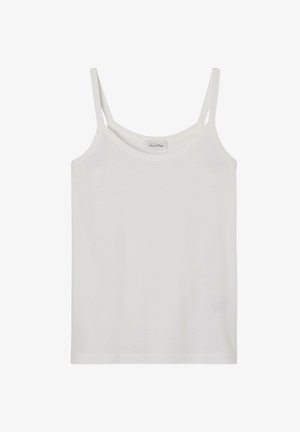 Top sin mangas blanco hecho de algodón suave, con tirantes finos y un escote redondo, con un dobladillo recto y sin adornos.