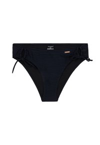 Juodas bikini apatinis trikotažas su griūvimo tekstūra ir reguliuojamomis šoninėmis raištelėmis, pasižymintis sustiprintu juosmeniu ir logotipo etikete priekyje.