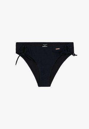 Bas de bikini noir avec une texture côtelée et des cordons latéraux réglables, doté d'une taille renforcée et d'une étiquette logo à l'avant.