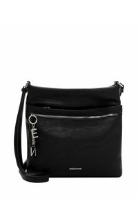 Black leather crossbody bag with a zippered front pocket, adjustable strap, and metal charm detail. Smooth texture, minimalist design.