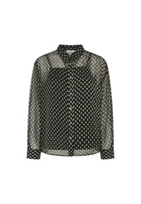 Schwarze durchsichtige Bluse mit einem sich wiederholenden geometrischen Muster in Cremetönen. Verfügt über einen Kragen und lange Ärmel mit geknöpften Manschetten.