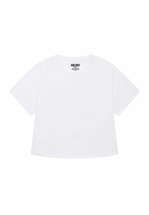 T-shirt bianca a maniche corte in cotone, con scollatura rotonda e design corto, dotata di etichetta del marchio stampata all'interno.