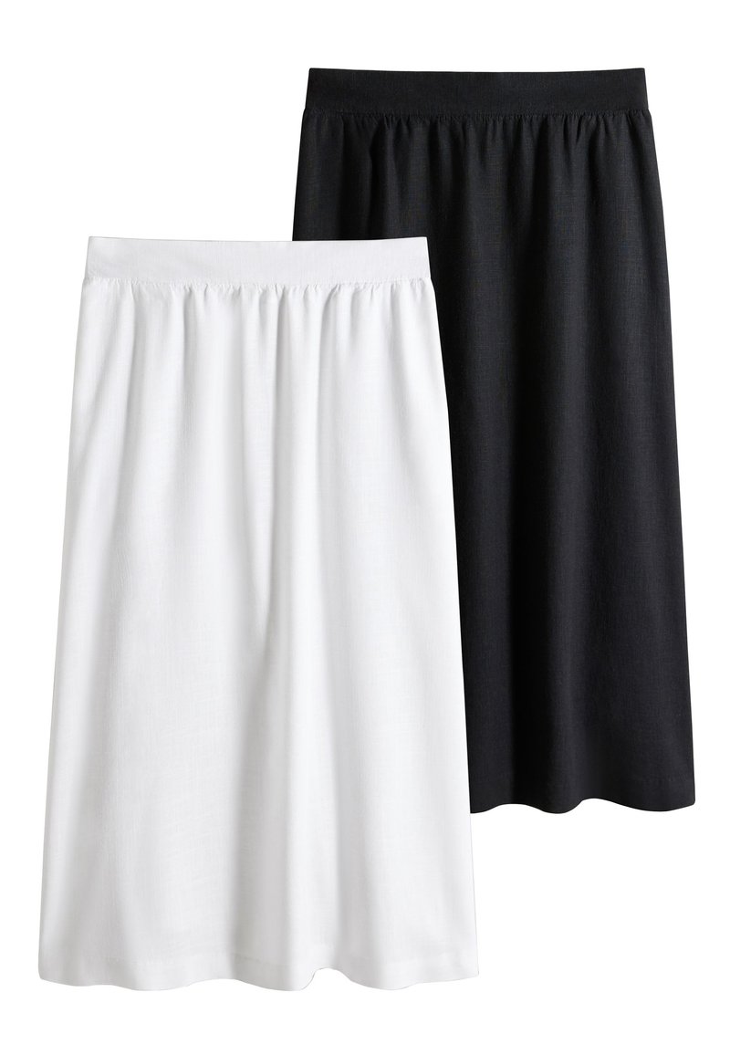 To knælang nederdele, den ene hvid og den anden sort, med elastik i taljen og et glat, letvægtsstof. Enkel design uden mønstre.