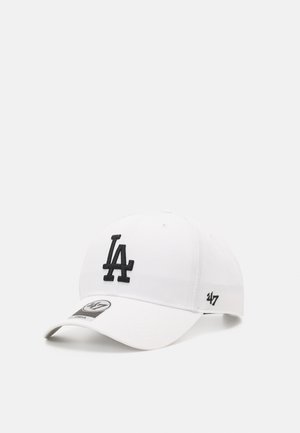 White baseball cap made of cotton. Features a black embroidered "LA" logo on the front and a "47" logo on the side. Curved brim design.