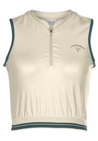 Hellbeige, kurz geschnittenes Sportoberteil mit einem halben Reißverschluss, türkisfarbenen Akzenten an den Schultern und einem dekorativen Logo. Glatte Textur, taillierte Passform.