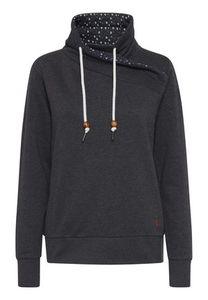 Mørkegrå sweatshirt med høy cowl hals. Har et mønstret innerfôr, justerbare snorer med tre detaljer, og ribbestrikkede mansjetter.