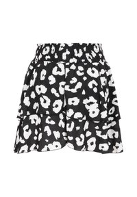 Mini-jupe imprimé léopard noir et blanc avec volants superposés et taille élastiquée à smocks.