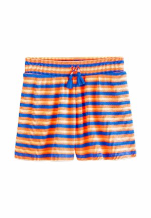 Gebreide shorts met horizontale oranje en blauwe strepen, elastische tailleband en blauwe kwastje koordje aan de voorkant in het midden.