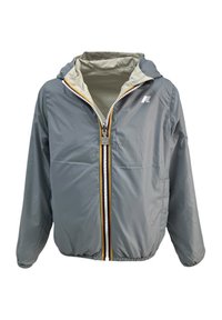Giacca leggera grigia con cappuccio, dotata di zip frontale completa con accenti bianchi e gialli a contrasto e polsini elasticizzati.