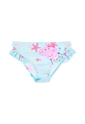 Hellblaue Schwimmhosen für Kleinkinder mit Rüschen an den Seiten, verziert mit rosa Seesternen, kleinen bunten Fischen und einem lächelnden Cartoon-Schweinegesicht.