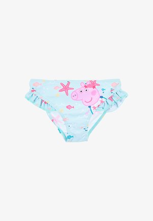 Braguitas de baño para niños pequeños en azul claro con volantes en los laterales, decoradas con estrellas de mar rosas, pequeños peces coloridos y una cara sonriente de cerdito de dibujos animados.