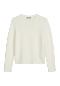 Cremfarbener Pullover mit langen Ärmeln aus weichem Stoff, runder Halsauschnitt und nahtlosen Schultern. Schlichtes, minimalistisches Design.