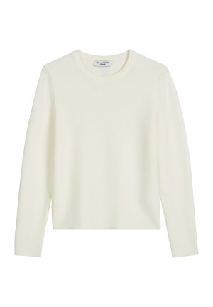 Kremowy sweter z długim rękawem, wykonany z miękkiego materiału, z okrągłym dekoltem i bezszwowym wykończeniem ramion. Prosty, minimalistyczny design.