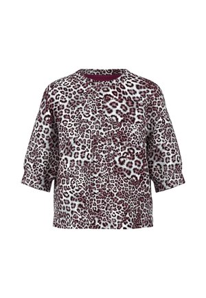 Leopard print pullover with a round neck, short sleeves, made from soft fabric. Features a mix of white, black, and burgundy spots.