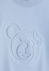 Jasnoniebieski sweter z wypukłym wzorem twarzy misia na przodzie, o teksturowanym splocie i prążkowanym okrągłym dekolcie.