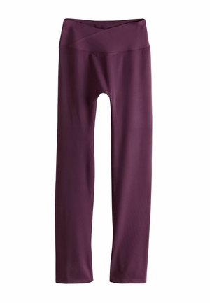 Dameleggings med høj talje i fuld længde i ensartet mørkelilla med bred, krydset linning, vist fladt på en hvid baggrund.