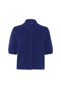 Tummansininen neulecardigan, jossa on pystykaulus, lyhyet hihat ja nappilistalla, jossa on kuusi mustaa nappia. Pehmeä rakenne antaa lämpimän ilmeen.
