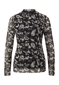Durchsichtige schwarze Bluse mit langen Ärmeln, einem grau-weißen, abstrakten Leopardenmuster und einem Stehkragen. Aus leichtem Stoff mit einer strukturierten Optik.