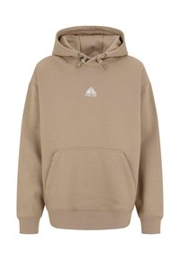 Felpa con cappuccio beige in morbido cotone. Presenta una tasca frontale, coulisse regolabili e un piccolo logo triangolare sul petto.