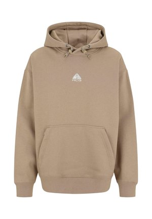 Béžová mikina s kapucí vyrobená z měkké bavlny. Má přední kapsu, nastavitelné šňůrky a malý trojúhelníkový logo na hrudi.