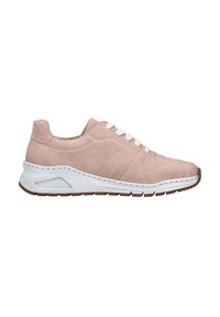 Light pink suede athletic shoe with white laces, raised back, textured white midsole, and rubber outsole featuring a patterned grip.