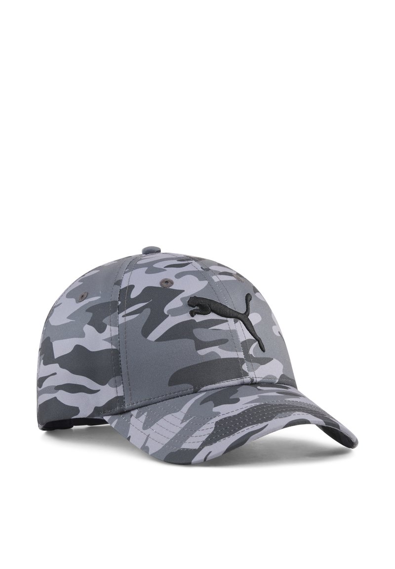 Casquette camouflage grise à visière incurvée, en tissu. Présente un logo noir à l'avant et des trous de ventilation sur les côtés.